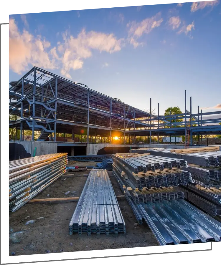 A building under construction with many metal beams.